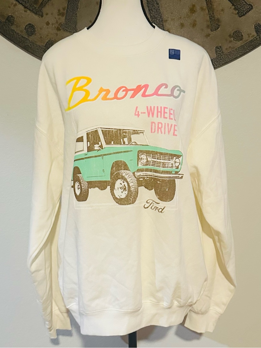 Ford White Sweatshirt with Teal Bronco and Multicolor Script